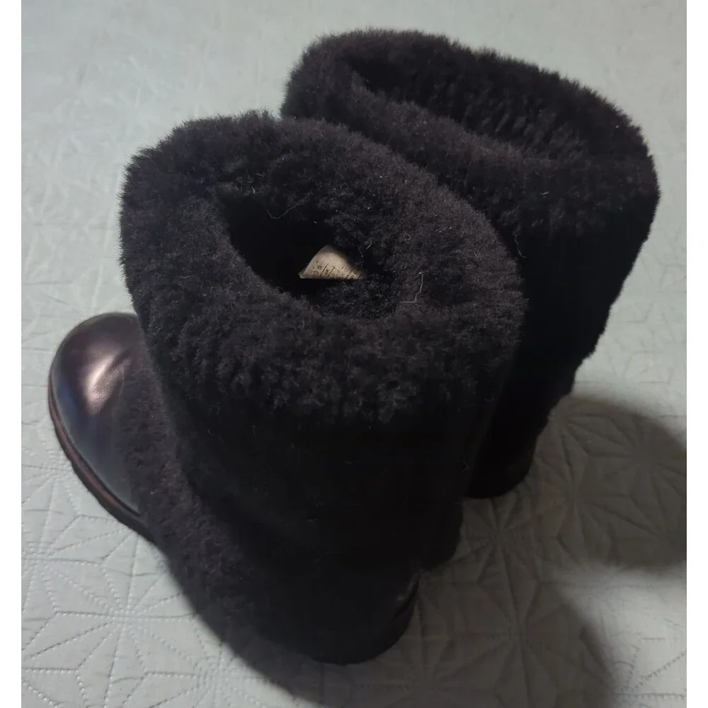 UGG Maylin Black Leather Sheepskin Lined Cuffed Mid Calf Boots Women's 6 Retired